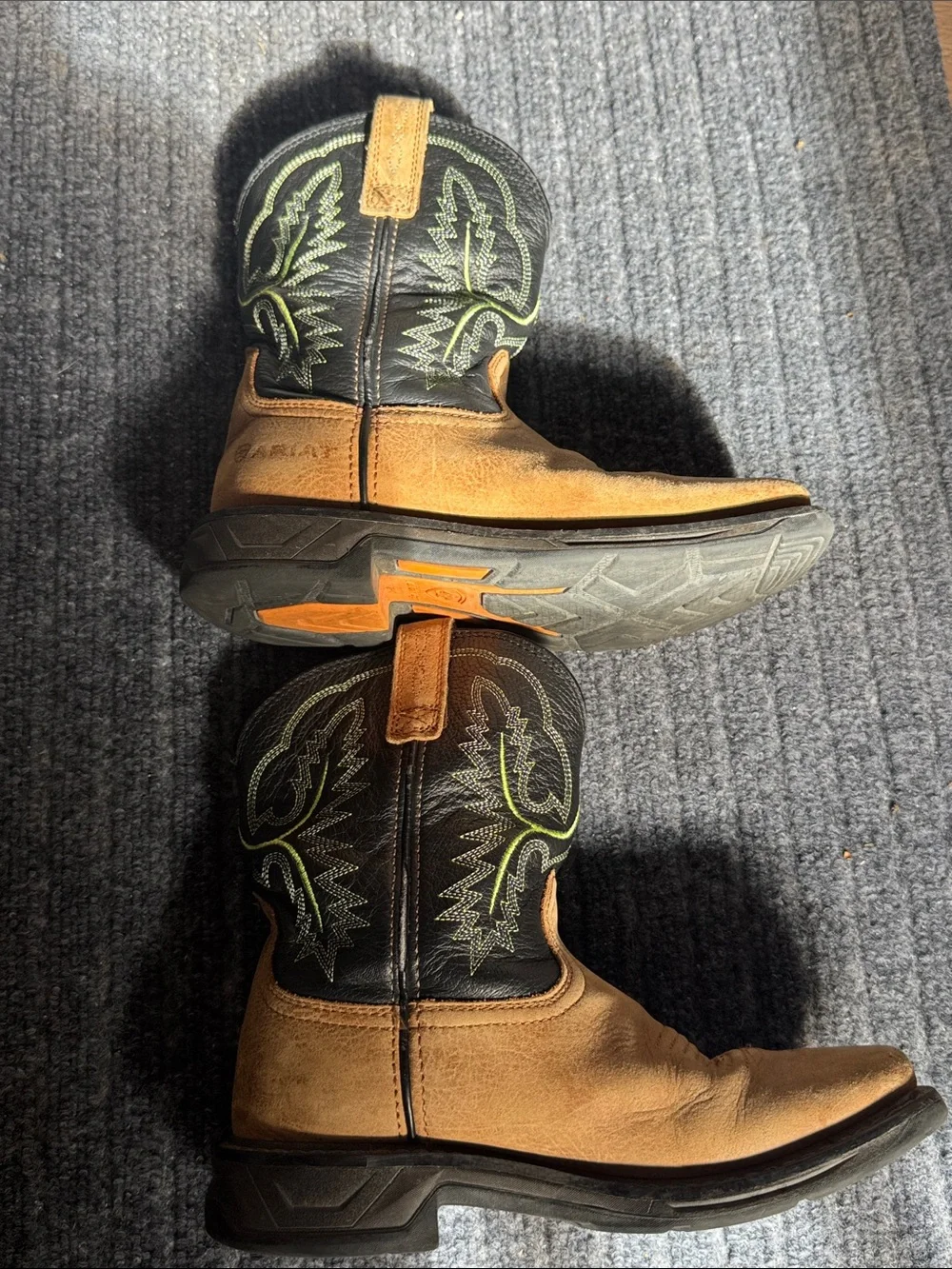 Ariat Kids Two-Tone Western Boots — Brown & Black with Green Stitching